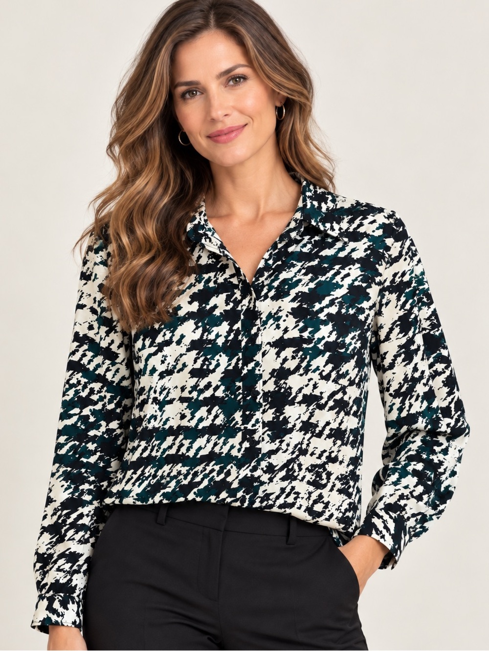 The Limited XL Teal Black Abstract Print Silky Button Front Career Blouse